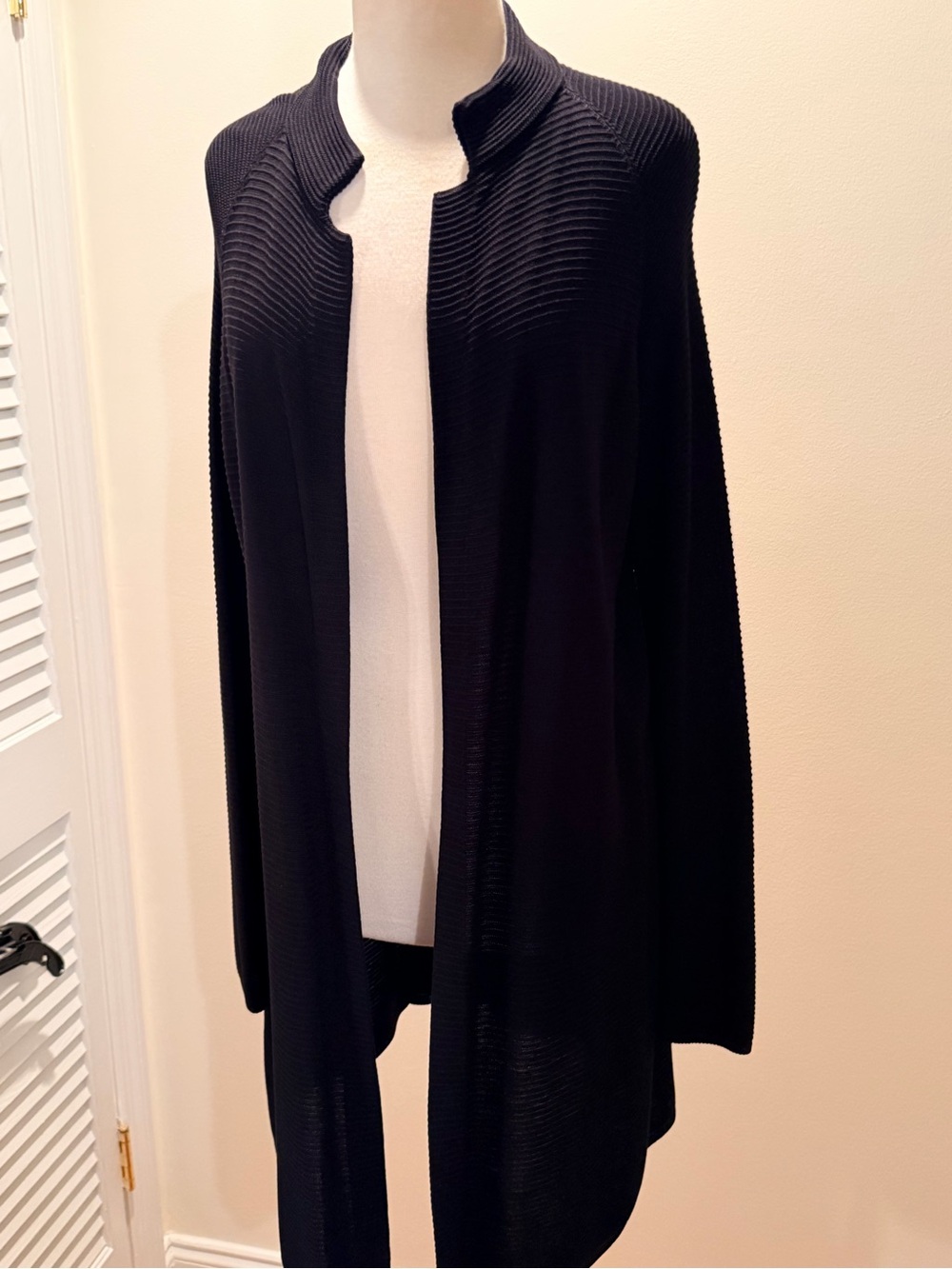 Eileen Fisher Black Open-Front Textured-Collar Cardigan